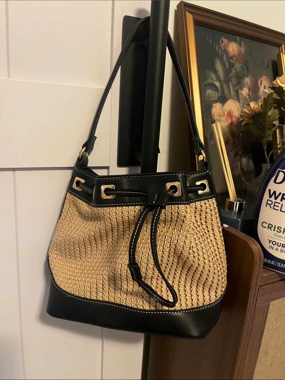 ASOS Black and Natural Woven Drawstring Shoulder Bag